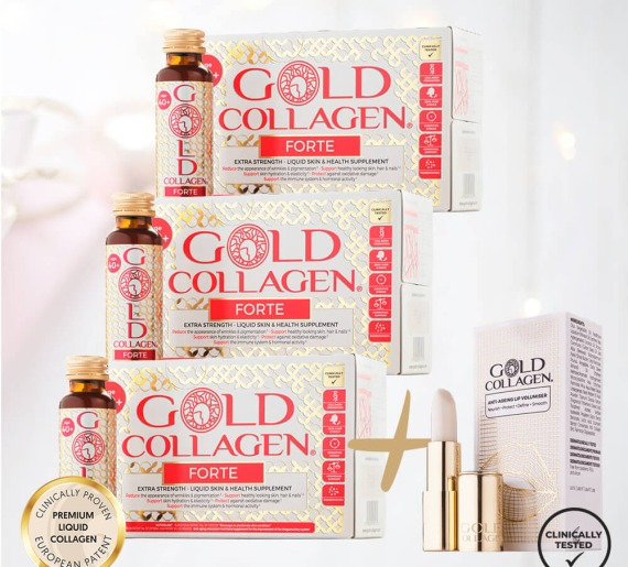 3 Gold Collagen FORTE dėžutės (rekomenduojamas mėnesio kursas) + 25 eur DOVANA Gold Collagen lūpų balzamas.
