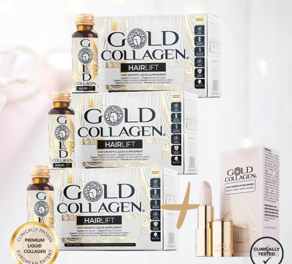 3 Gold Collagen HAIRLIFT dėžutės (rekomenduojamas mėnesio kursas) + 25 eur DOVANA Gold Collagen lūpų balzamas.