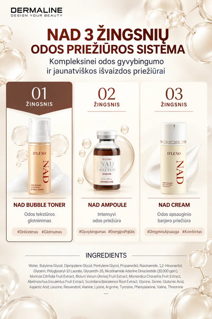 DERMALINE D’LEXO NAD Power Solution Bubble Toner Drėkinantis Ir Odos Gyvybingumą Puoselėjantis Putų Tonikas Su 1 % NAD, Aminorūgštimis, Antioksidantais Ir Peptidais, 200 Ml