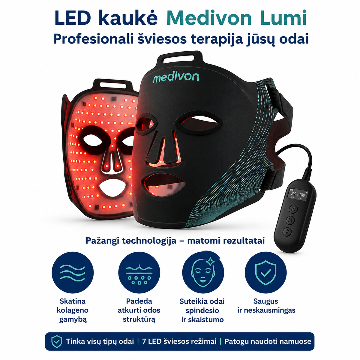 Rinkinys „2 viename“: LED kaukė „Medivon Lumi“ ir vibracinė platforma „Medivon Oxya“.