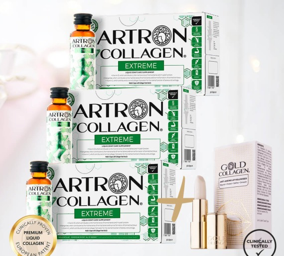 3 Gold Collagen ARTRON EXTREME dėžutės (rekomenduojamas mėnesio kursas) + 25 eur DOVANA Gold Collagen lūpų balzamas.