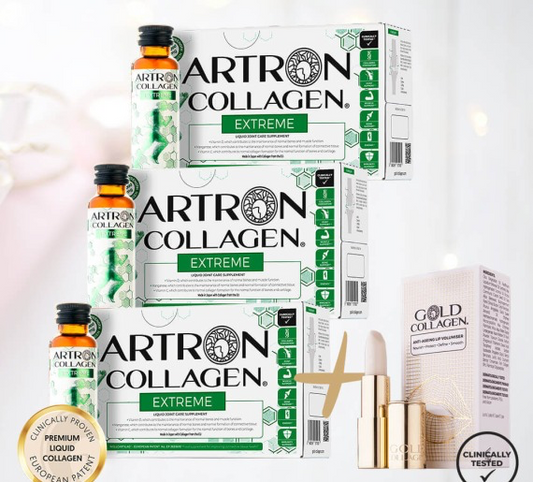 3 Gold Collagen ARTRON EXTREME dėžutės (rekomenduojamas mėnesio kursas) + 25 eur DOVANA Gold Collagen lūpų balzamas.