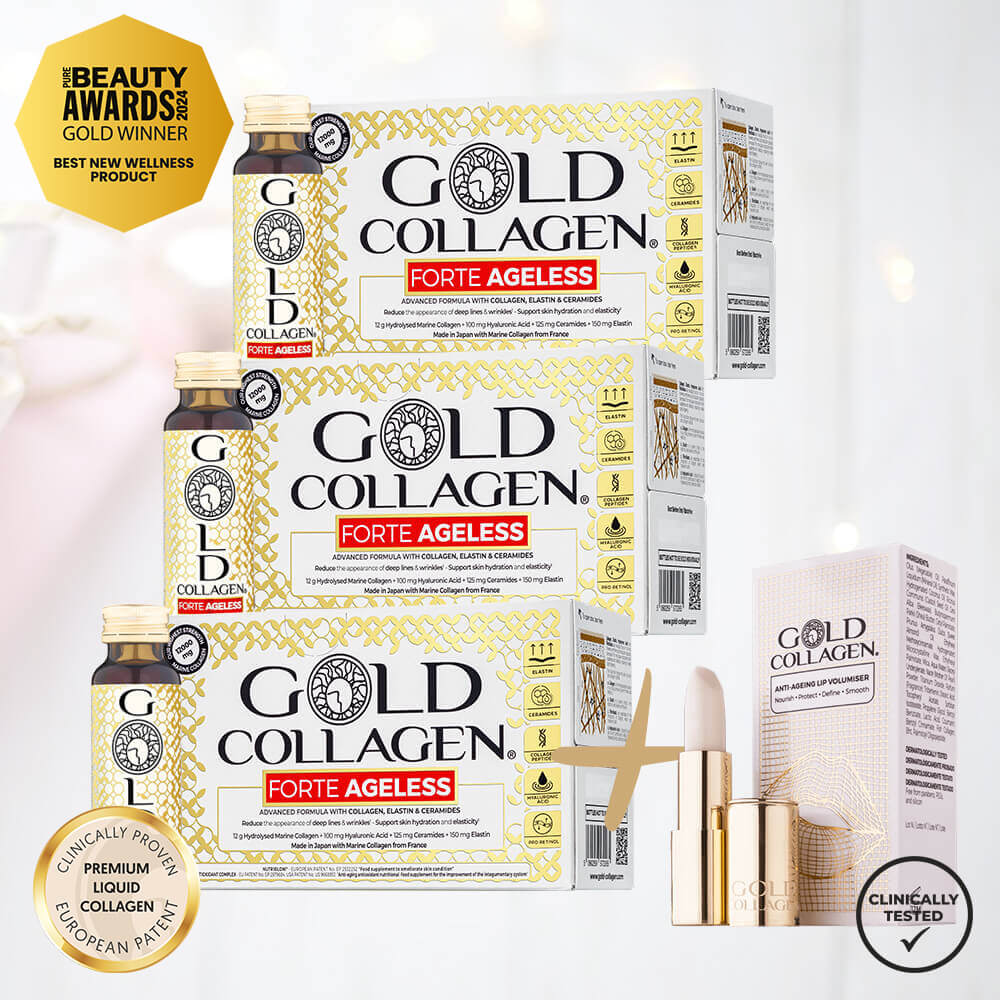 3 Gold Collagen FORTE AGELESS dėžutės (rekomenduojamas mėnesio kursas) + 25 eur DOVANA Gold Collagen lūpų balzamas.