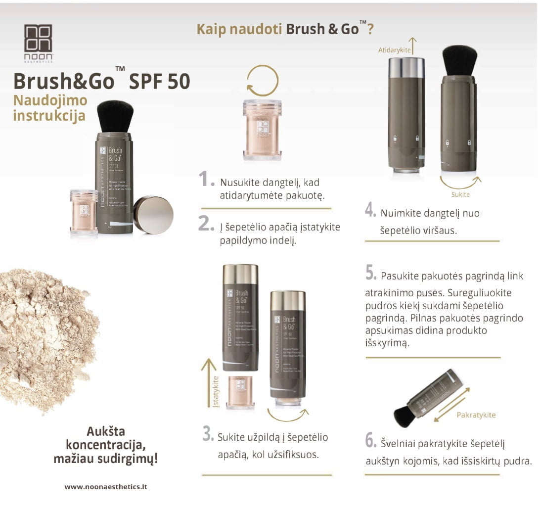 NOON BRUSH GO MINERAL SUN PROTECTION POWDER SPF 50 VISŲ TIPŲ ODAI (Tone 02), 2x5 g