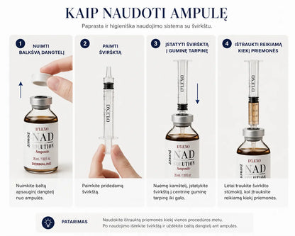 DERMALINE D’LEXO NAD Power Solution Ampoule Energizuojanti, Skaistinanti Ampulė Su NAD, Niacinamidu, 6 Pažangiu Peptidų Kompleksu Ir 7 Hialuronų Formų Kompleksu, 35 Ml