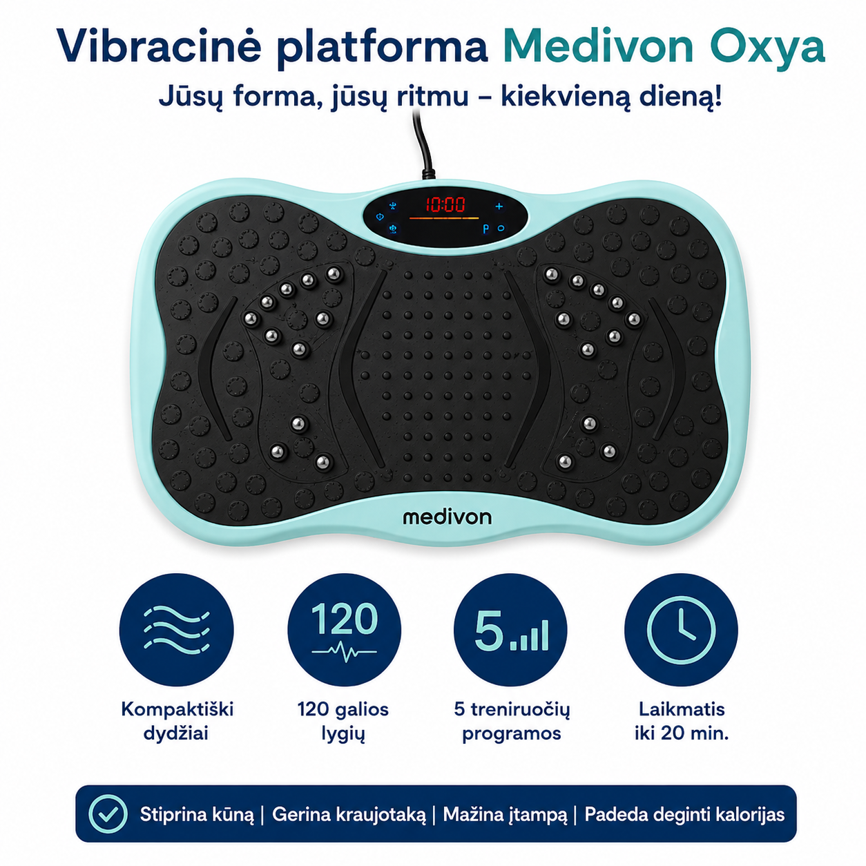 Rinkinys „2 viename“: LED kaukė „Medivon Lumi“ ir vibracinė platforma „Medivon Oxya“.
