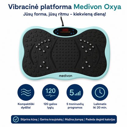 Rinkinys „2 viename“: LED kaukė „Medivon Lumi“ ir vibracinė platforma „Medivon Oxya“.